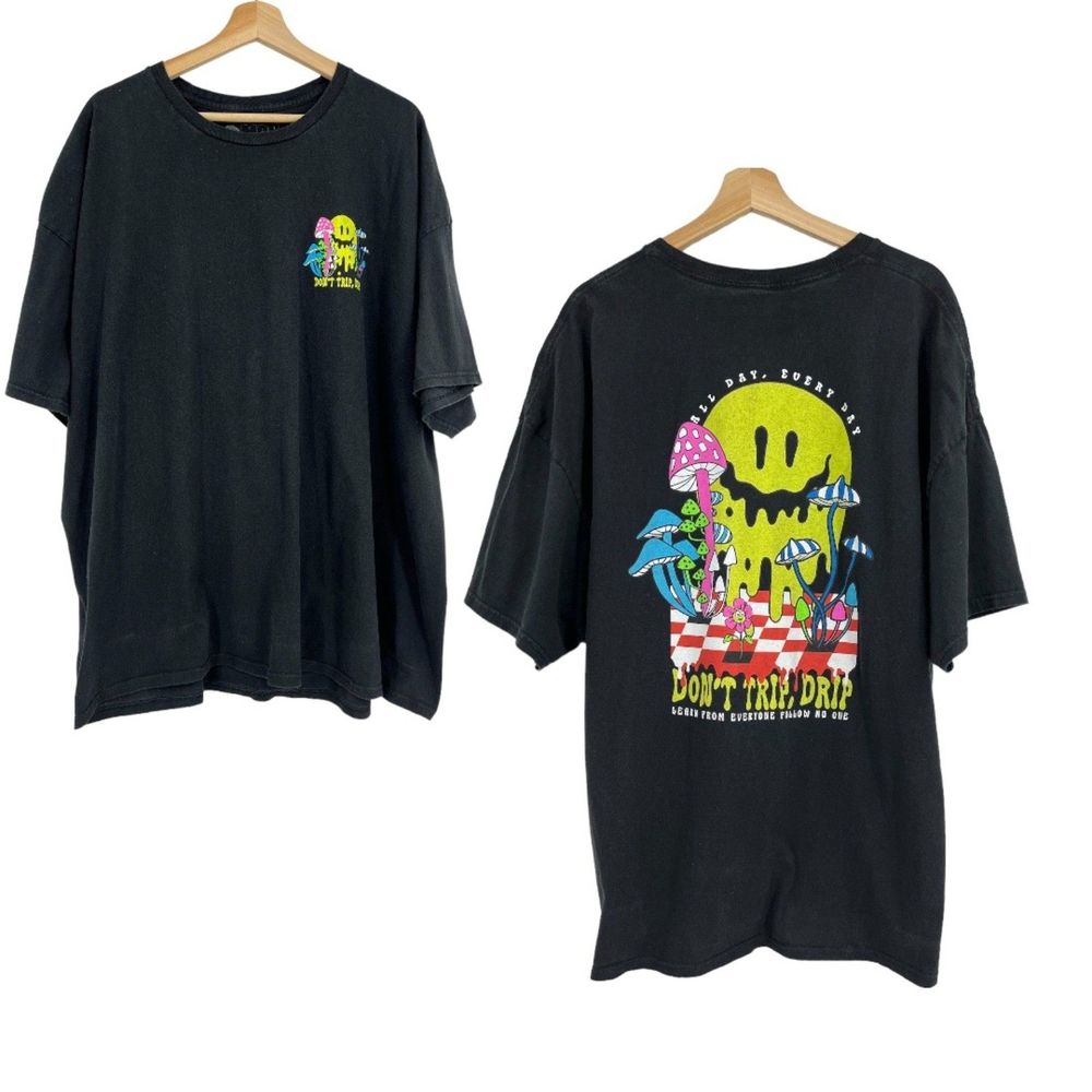 2 monkeys retro tee 4X Psychedelic smiley face black don't trip drip t-shirt men